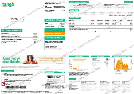 Australia Tango Energy utility bill template in Word and PDF formats, 2 pages